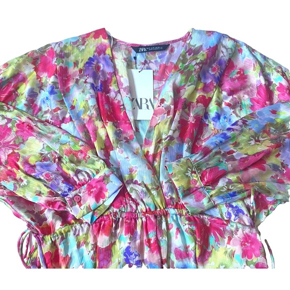 Zara Dress Womens S Multicolor Floral Satin Effect Tiered Mini Drawstrings NWT - Picture 3 of 16